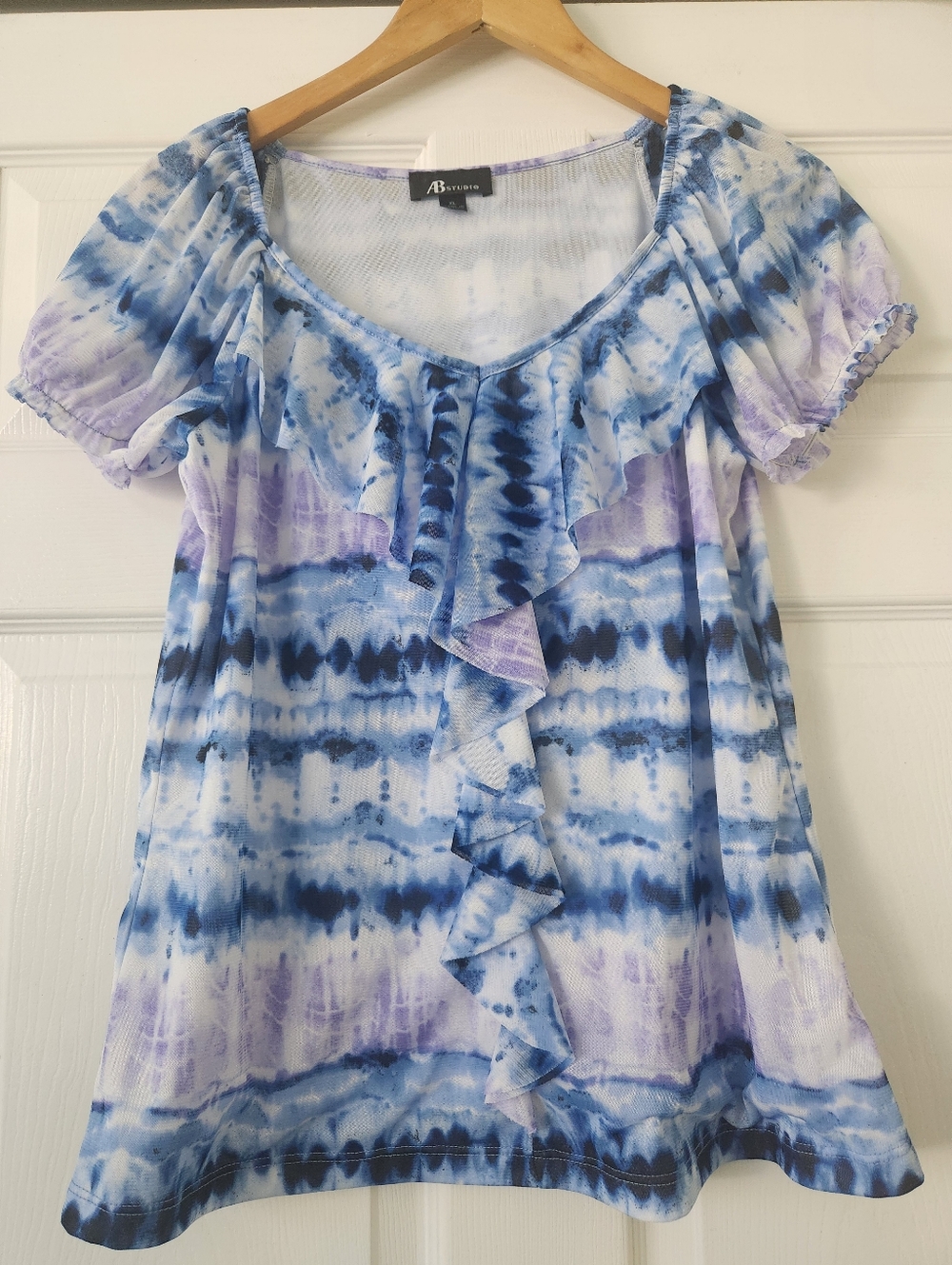 AB Studio Blue & Lavender Tie-Dye Ruffle Scoop Neck Top - Women's XL
